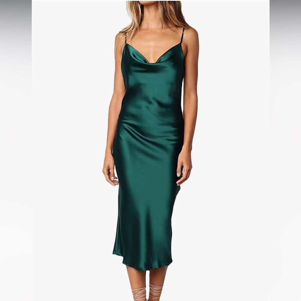 💚 Satin Cowl Neck Midi Dress